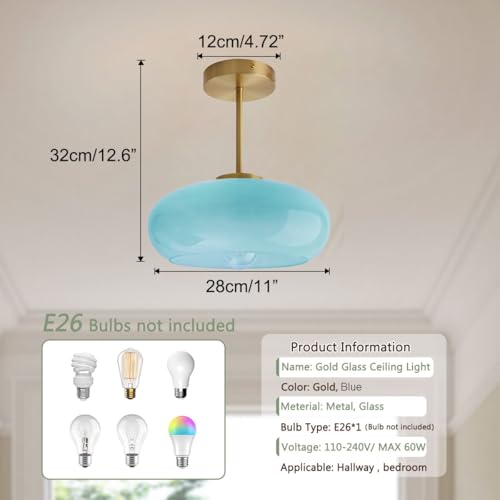 Semi Flush Mount Ceiling Light Blue Glass Ceiling Lights 11" Large Globe Shade Vintage Brushed Gold Brass Flush Mount Lamp Modern Close to Light Fixture for Hallway Bedroom Entrance