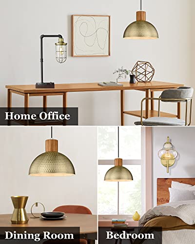 2 Pack Hammered Pendant Lights 12” Vintage Metal & Wood Dome Hanging Lamp Antique Gold Industrial Kitchen Pendant Light Fixtures for Island (2 Count)