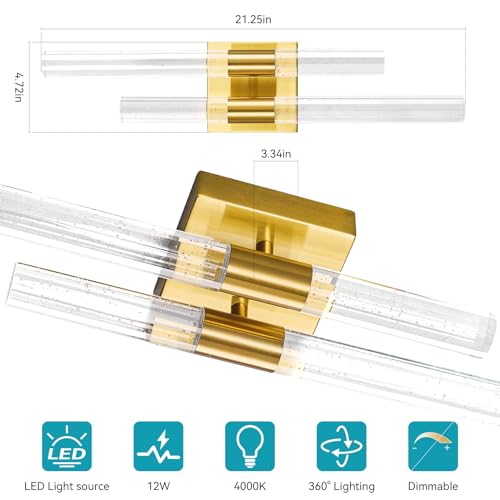 Modern LED Vanity Light Bathroom Vanity Light Fixtures Gold Crystal Sconces Wall Lighting 21.25in 4000K Vertical and Horizontal Wall Mounted Sconces for Bedroom Living Room Hallway（1