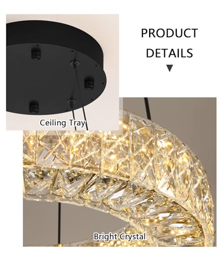 Modern Chandelier for Dining Room Dimmable LED Pendant Lights for Kitchen Island Lighting Black Ring Crystal Chandeliers for Bedroom Entrance Living Room
