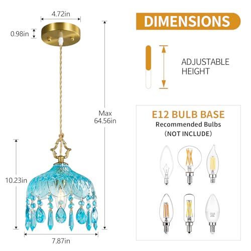 Brass Vintage Pendant Light Blue Crystal Hanging Light Fixtures (2 Count)