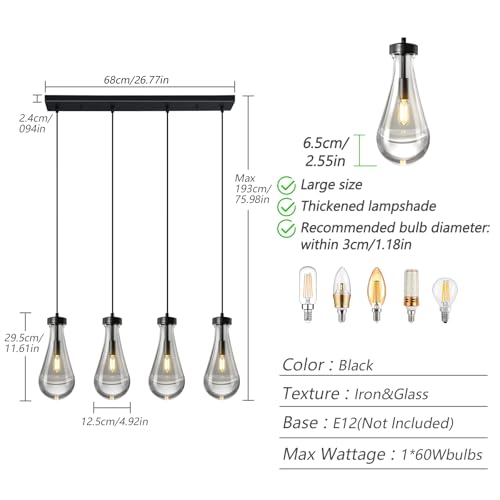 Raindrop Pendant Lights Kitchen Island Teardrop Black Hanging Light Fixtures Clear Solid Glass Pendant Light Modern Chandeliers for Dining Room Porch Corridor Living Room