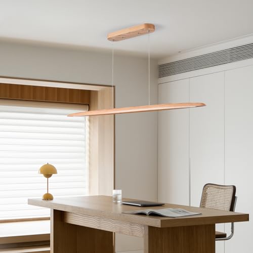 39" 24W Wood LED Linear Pendant Light Fixture Led Dining Room Light Dimmable Hanging Light Fixture for Dining Room Kitchen Island Pool Table Lights Natural Wood Color