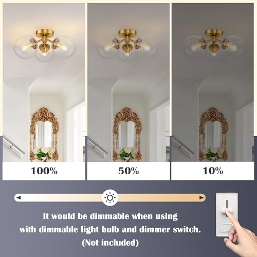 3 Light Modern Gold Semi Flush Mount Ceiling Lights Clear Glass Globe Ceiling Lights Mid Century Brass Chandelier Modern Sputnik Ceilings Light Fixture for Bedroom Hallway Entryway Living Room