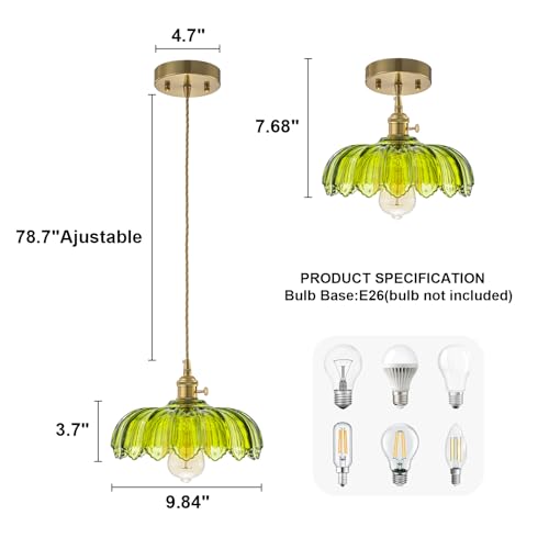 EDSILIVE Vintage Flower Glass Pendant Lights Kitchen Island 9.84" Antique Flower Green Glass Hanging Ceiling Light Fixture with Adjustable Brass Twine Wire for Dining Room Kitchen Table
