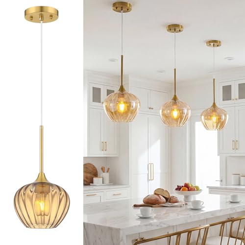 Amber Glass Pendant Lights Kitchen Island with Brushed Gold Finish