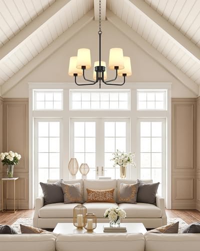 Chandelier, 5-Light Black Farmhouse Chandeliers for Dining Room, Height Adjustable Dining Room Light Fixture with White Fabric Shade, Chandelier for Living Room, Bedroom, Kitchen, Entryway