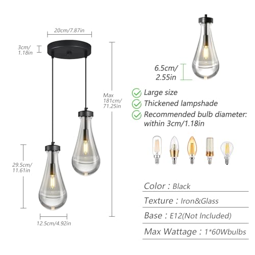 Raindrop Pendant Lights Kitchen Island Teardrop Black Hanging Light Fixtures Clear Solid Glass Pendant Light Modern Chandeliers for Dining Room Porch Corridor Living Room