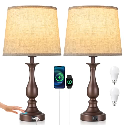 Bedside Table Lamp Touch Control Bedroom Lamps with USB A + C Charging Port 3 Way Dimmable Touch Lamps for Nightstand Living Room Bedroom Dorm Home Office Reading (2 Count)