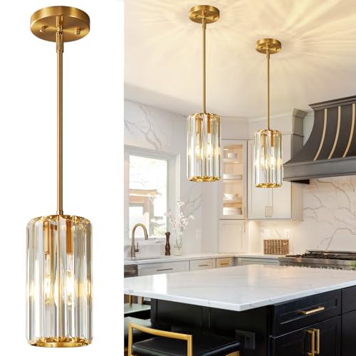 Gold Pendant Lighting Modern Pendant Light Mini Crystal Chandeliers Adjustable Pendant Light Fixture for Kitchen Island Dinning Room Corridor Bedroom (2 Count)