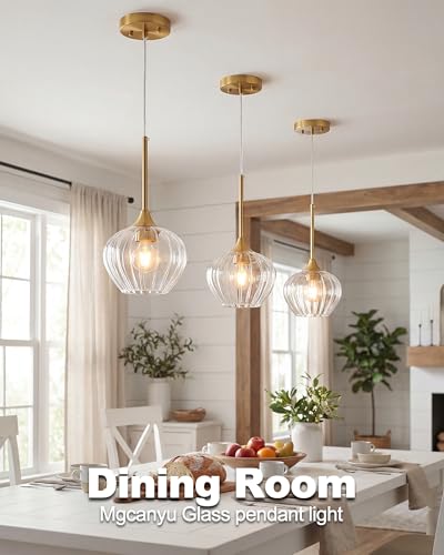 2 Pack Brushed Gold Pendant Lights Kitchen Island with Ribbed Glass Shade (2 Count)