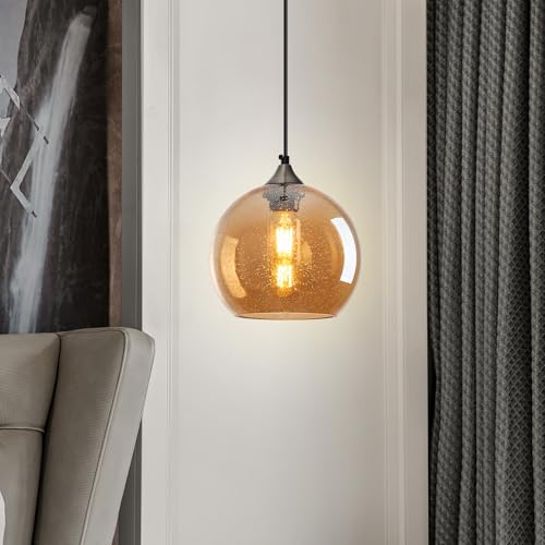 Amber Glass Pendant Lights Kitchen Island Lighting Globe Pendant Light Fixtures Modern Pendant Lighting for Bedroom Living Dining Room Light Fixture (3 Count)