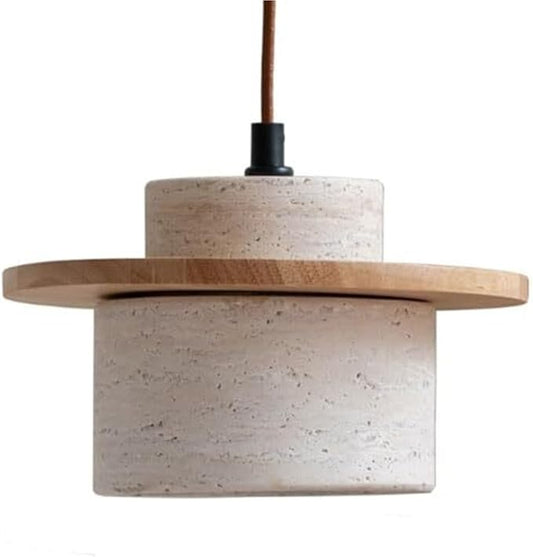 Travertine Pendant Light, Stone Cylinder Hanging Lamp with Wood Disc Accent, E26 Base, Wabi-Sabi Modern Minimalist Japandi Style Lighting for Bedside, Kitchen Island, Bar Counter(Wood Color)