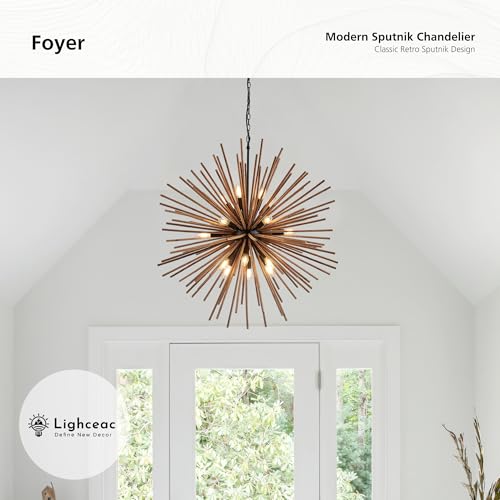 37.4" Farmhouse Sputnik Chandelier for Dining Room Rustic Handmade Natural Wood 18