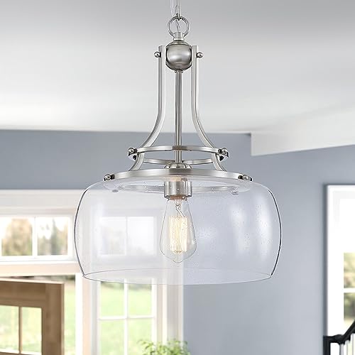 Chandelier Rustic Farmhouse Industrial Round Ceiling Pendant LED Light Fixture Clear Seeded Glass Shade for Dining Room Kitchen Island Foyer Entryway
