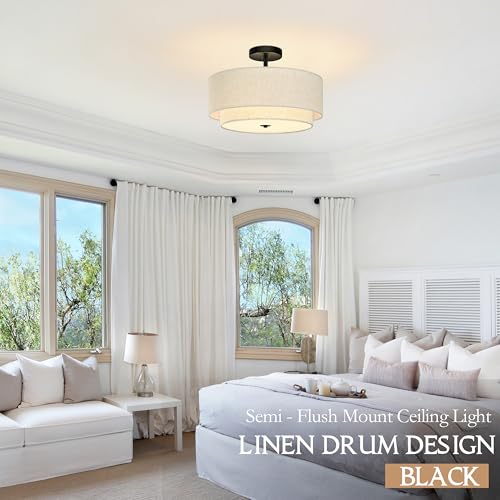 16 Inch 3 Light Semi Flush Mount Ceiling Light Fixture Modern 2 Pack Black Drum Ceiling Light Fixture with 2 (2 Count)