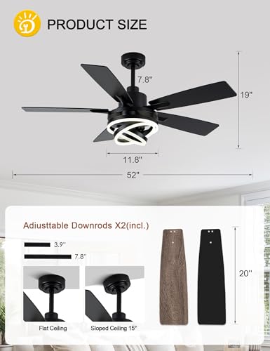 52 Inch Black Modern Ceiling Fans with Lights Chandelier Fan