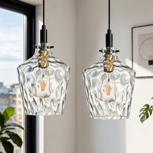 Hammered Glass Pendant Light for Kitchen Island 2 Pack Black Gold 8 Inch (2 Count)
