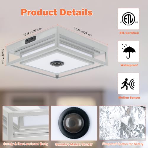 Gray Motion Sensor LED Outdoor Ceiling Light 10.5" Square Dusk to Dawn