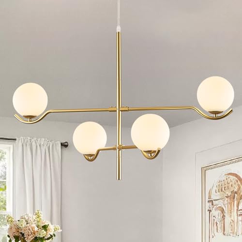 Modern 31" 4 Light Gold Sputnik Chandelier with Milk Glass Globe (4 Count)