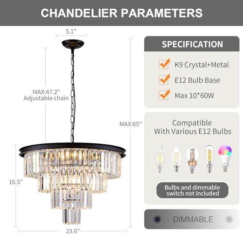 10 Light Black Crystal Chandelier 24'' Modern Round Chandeliers for Dining Room Contemporary Ceiling Pendant Light Fixture 4
