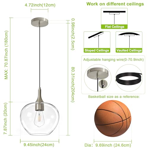 9.45in Nickel Pendant Lights Kitchen Island with Clear Glass Shade 1Pack