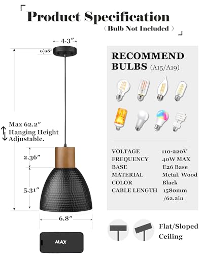Industrial Hammered Pendant Light 7” Small Solid Wood Hanging Lamp with Hammered Metal Shade