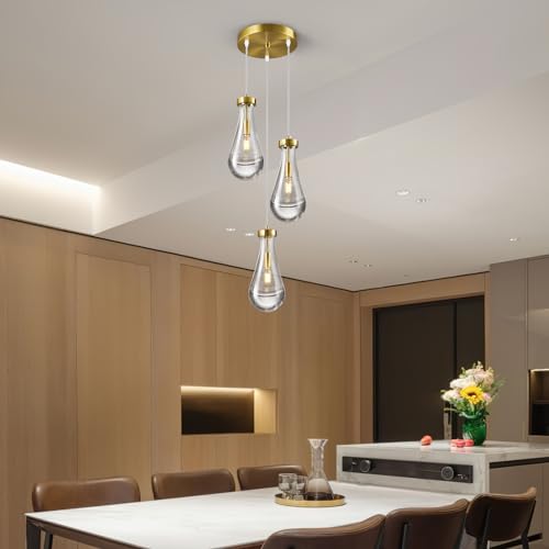 Raindrop Pendant Lights Kitchen Island Teardrop Gold Hanging Light Fixtures Clear Solid Glass Pendant Light Modern Chandeliers for Dining Room Porch Corridor Living Room