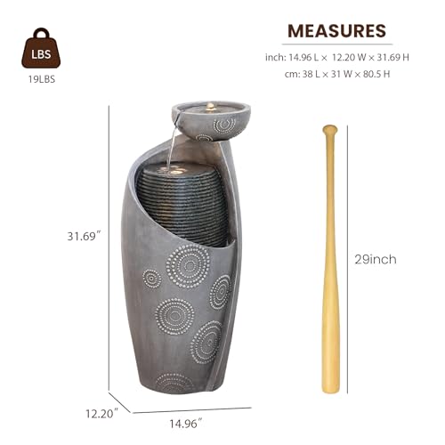 Outdoor Water Fountain Feature Indoor Garden Large Jar Floor Standing Fountains Waterfall with LED Light & Pump for Home Decor Office Yard Patio Deck Porch
