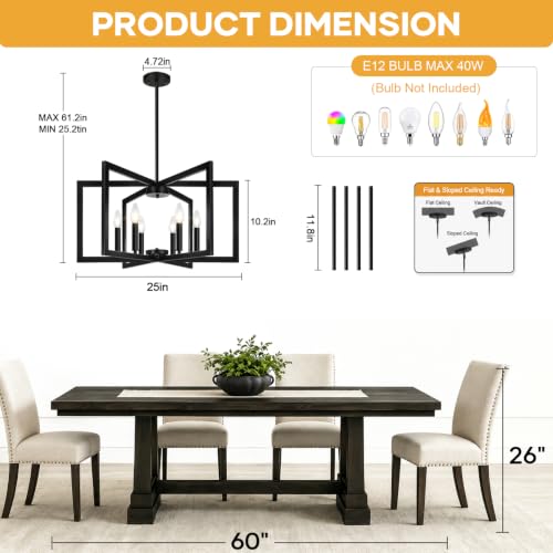 25" 61" Height Adjustable Modern Matte Black Chandelier for Dining Room (6 Count)
