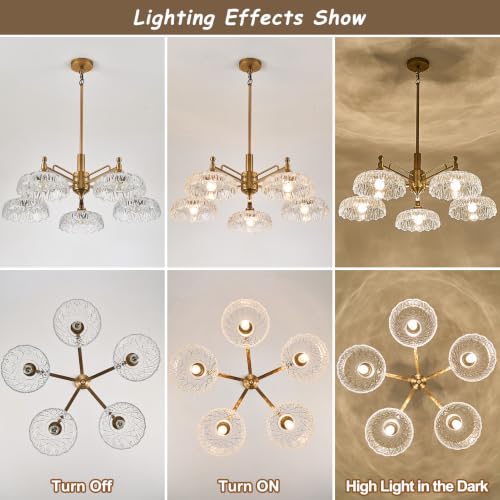 Chandelier Pendant Lights Fixture Vintage Pendant Lighting Fixtures 5 Lights Brass Chandelier E26 Base Clear Glass Hanging Lamp for Kitchen Island Dining Room Living Room