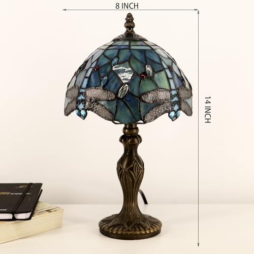 Tiffany Table Lamp Dragonfly Style Sea Blue Stained Glass Accent Lamp Bronze Resin Base 8X8X14 Inch