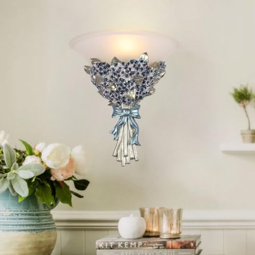 Unique Wall Sconce Flower Light Fixture Vintage Glass Wall Lights Blue Flowers Shape Modern Sconces Lamp Frosted White Glass Shade Gold Resin Sconce Fixtures for Hallway Living Room
