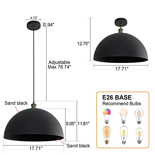 Vintage Black Pendant Light 17.72'' Retro Farmhouse Large Dome Pendant Lamp Modern Industrial Chandelier for Wire length 78.74 '' for Kitchen Island
