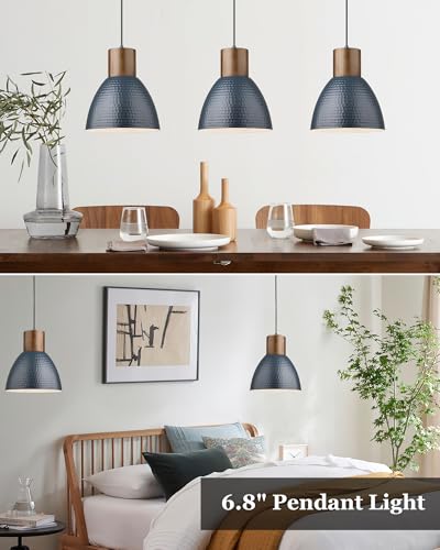 3 Pack Hammered Pendant Lights 7” Small Metal Solid Wood Hanging Light Fixtures Adjustable Height Industrial Pendant Lighting for Kitchen Island Dining Room Bedroom Bar Office (3 Count)