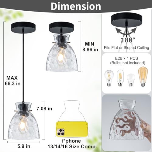 6" Mini Hammered Glass Black Pendant Lights Kitchen Island Lighting 2 Pack (2 Count)