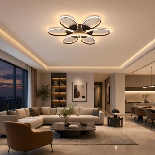 Modern LED Ceiling Light Fixture Black Flush Mount Ceiling Lamp with Remote Control Dimmable 6 Rings Flower Shaped Ideal for Living Room Bedroom Dining Room Kitchen