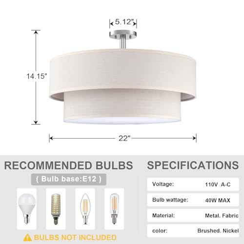 5 Light 22" Cream Fabric Brushed Nickel Semi Flush Mount Close to Ceiling Light Fixture