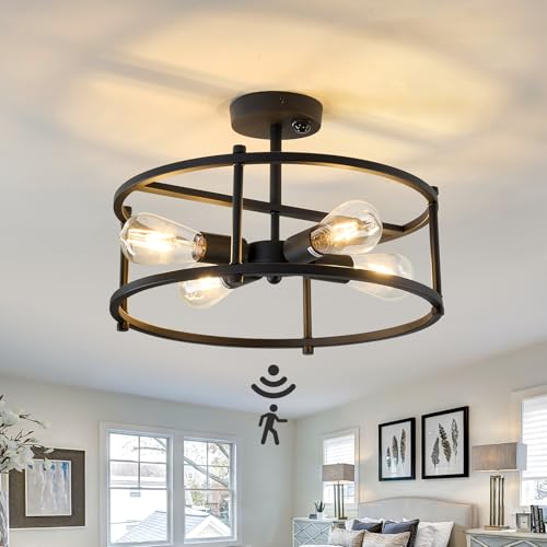 Motion Sensor Ceiling Light Indoor Industrial 4 Light Semi Flush Mout Ceiling Light Fixture Black Overhead Light for Entryway Hallway Closet Porch Front Farmhouse