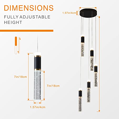 5 Light Modern LED Pendant Light for Kitchen Island Lighting Dimmable Dining Room Chandelier Light Fixture Bubble Crystal Ceiling Hanging Lights 3000K