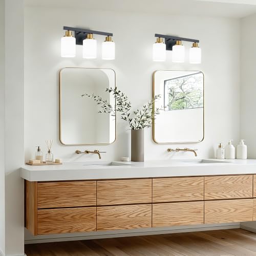 3 Light Vanity Lights Black and Gold Bathroom Light Fixtures 17in