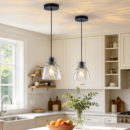 6" Mini Hammered Glass Black Pendant Lights Kitchen Island Lighting 1 Pack