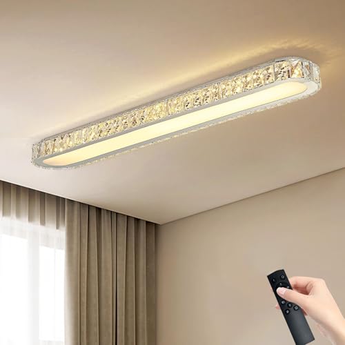 Dimmable LED Ceiling Light 39.4'' Kitchen Lighting Fixtures Ceiling Modern Luxury Crystal Ceiling Light with Remote Chrome Long Ceiling Light Fixture for Kitchen Dining Room Hallway