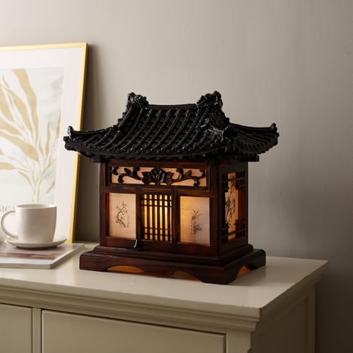 Carved Wood Table Lamp Handmade Traditional Korean House Pavilion Pagoda Design Art Deco Lantern Brown Asian Oriental Bedside Bedroom Lamp Accent Unusual Light