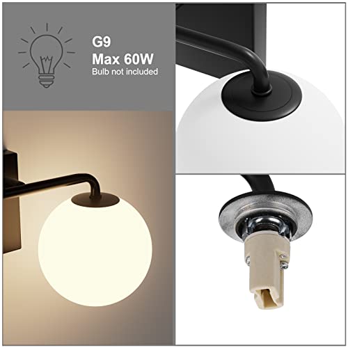 2 Lights Mid Century Vintage Bathroom Vanity Light Fixtures Over Mirror Black Industrial Vanity Lights with Milk White Glass Globe Farmhouse Bath Lighting