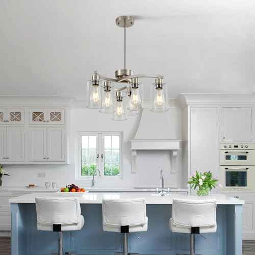 Sigaitwei 6 Light Farmhouse Brushed Nickel Chandelier,21.7" Modern Chandeliers for Dining Room Light Fixtures Over Table,Pendant Lights Kitchen Island,Metal Bracket with Downward Clear Glass Shade