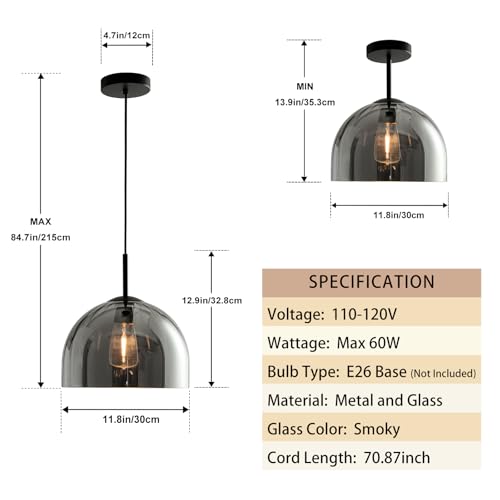 Grey Ribbed Glass Pendant Light Kitchen Island 11.8Inch Large Hanging Lamp