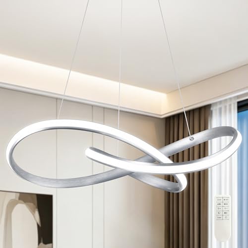 30" Nickel Modern LED Chandelier Large Irregular Ring Pendant Lighting Adjustable Hanging Light Fixture Modern Dimmable Remote Control Pendant Lights for Living Room Dining Room Entryway
