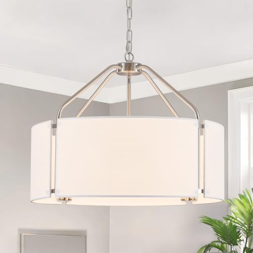 23Inches Large Drum Chandelier with Metal and White Linen Fabric Shade