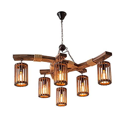 6 Lights Industrial Vintage Hanging Pendant Light Wooden Chandelier Ceiling Light Retro Wooden Light Suspension Lighting Fixture Retro Loft Lantern Chandelier Lights Handmade Lighting Products
